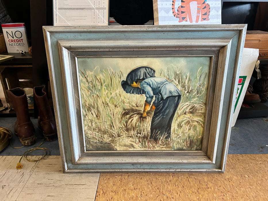 Woman picking grass framed and matted picture 33728