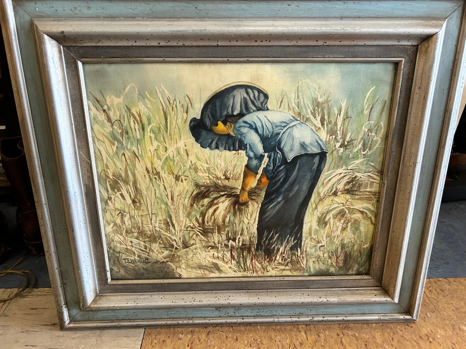 Woman picking grass framed and matted picture 33728