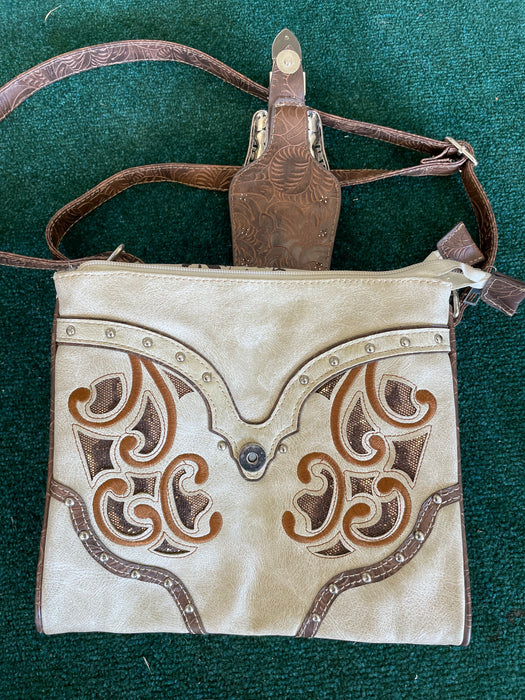 White/brown engraved leather purse 32455