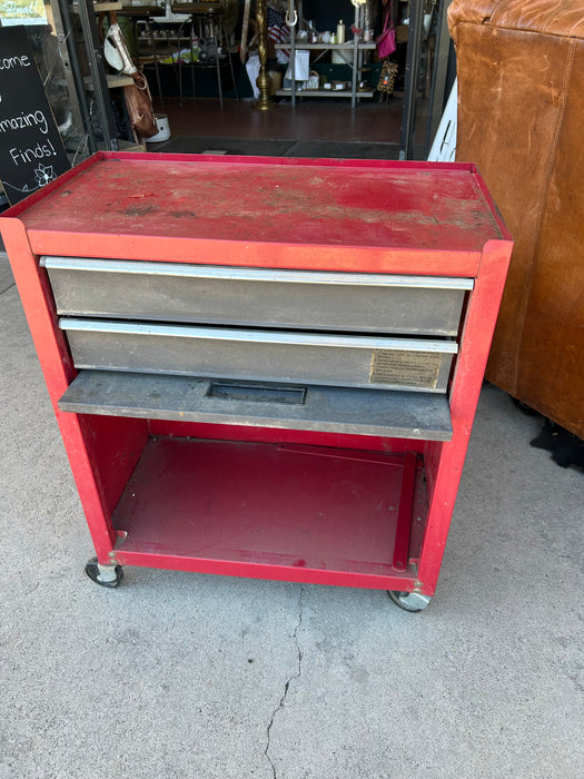 Red 2-drawer tool chest with storage drawer on casters 34214