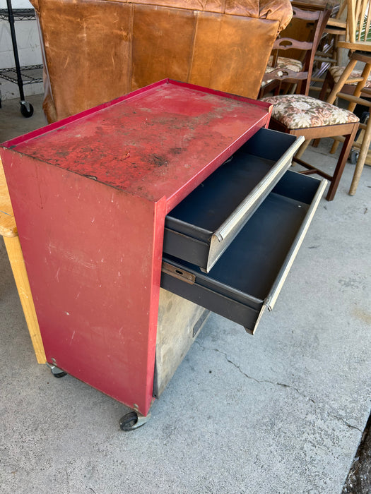 Red 2-drawer tool chest with storage drawer on casters 34214