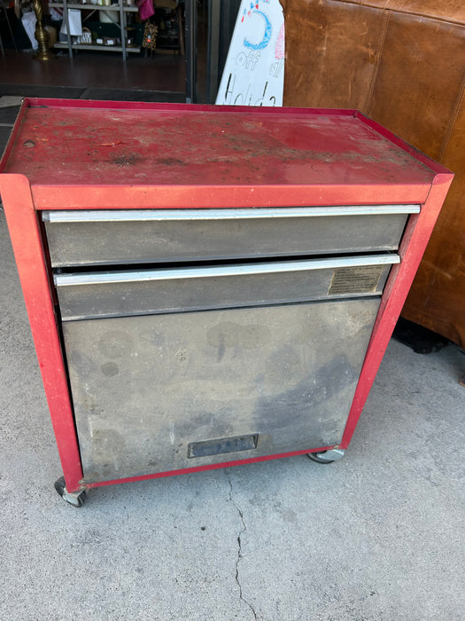Red 2-drawer tool chest with storage drawer on casters 34214
