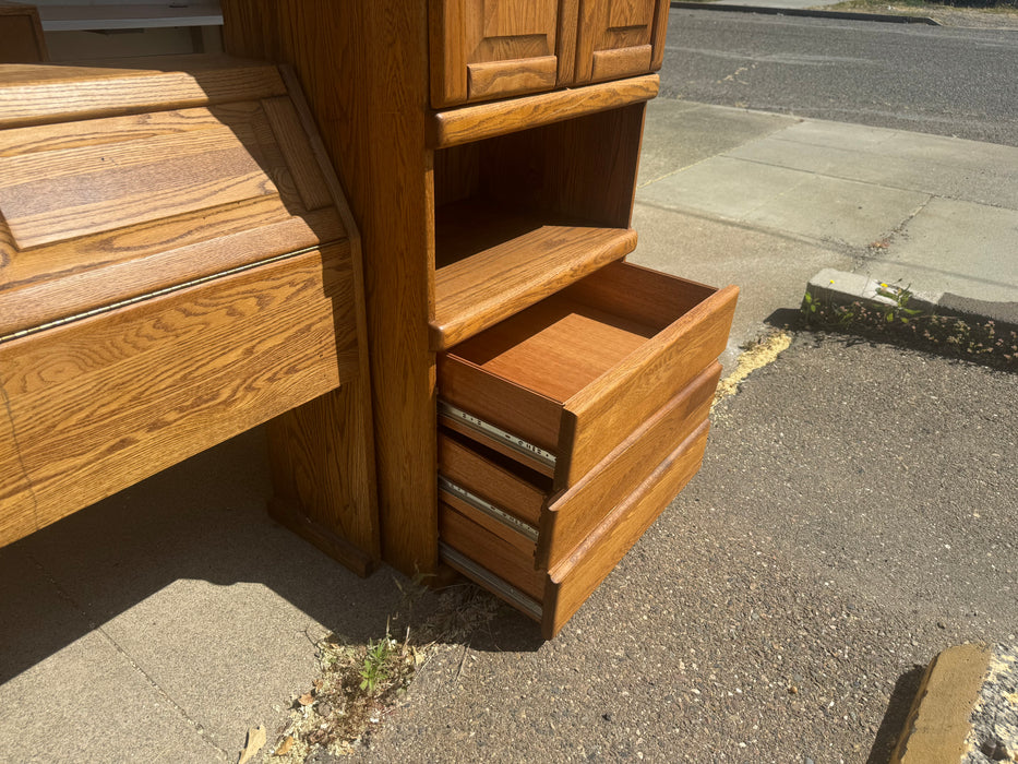 Oak Tree Furniture queen pier bed set w storage headboard, tall nightstand cabinets  32579