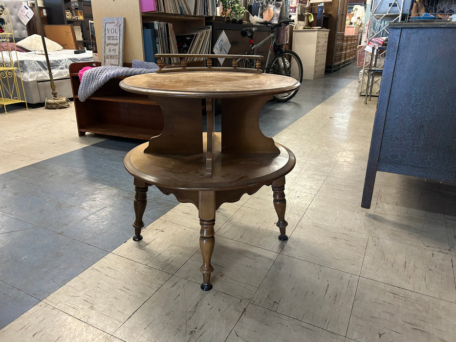Vintage MCM Bassett maple round 2 tier side end table 34266