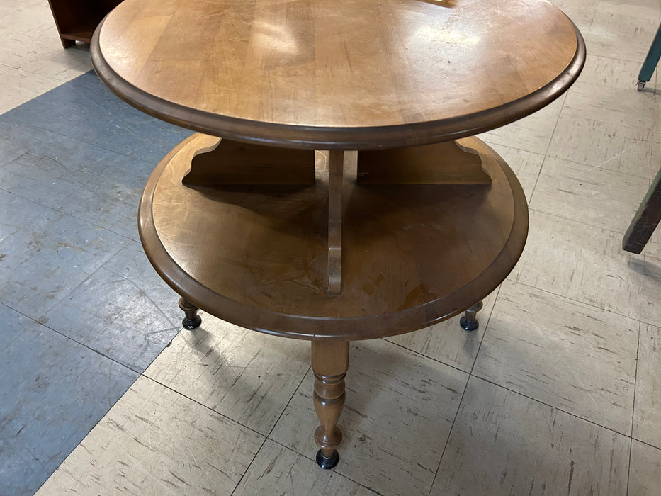 Vintage MCM Bassett maple round 2 tier side end table 34266