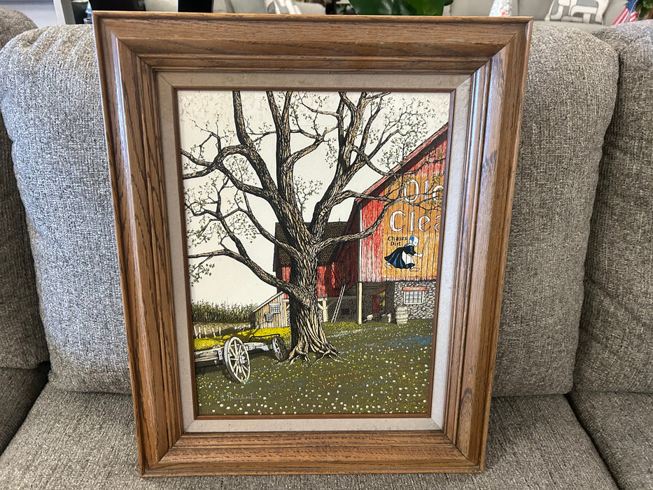 Serigraph Old Dutch cleaners picture with tree and barn by H. Hargrove 34278