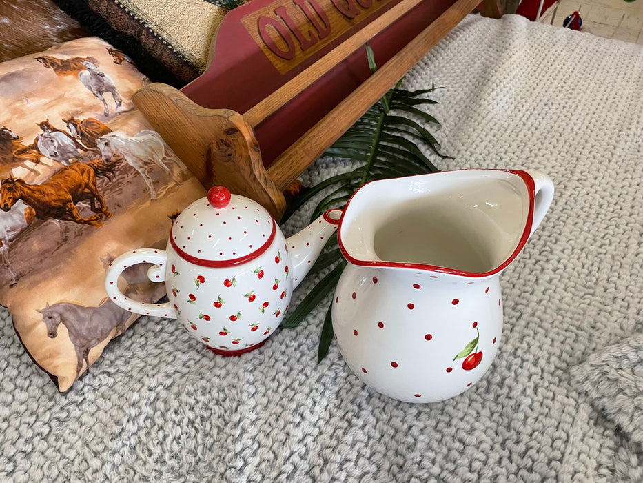 Hallmark ceramic red cherry polka dot pitcher and teapot set 33051