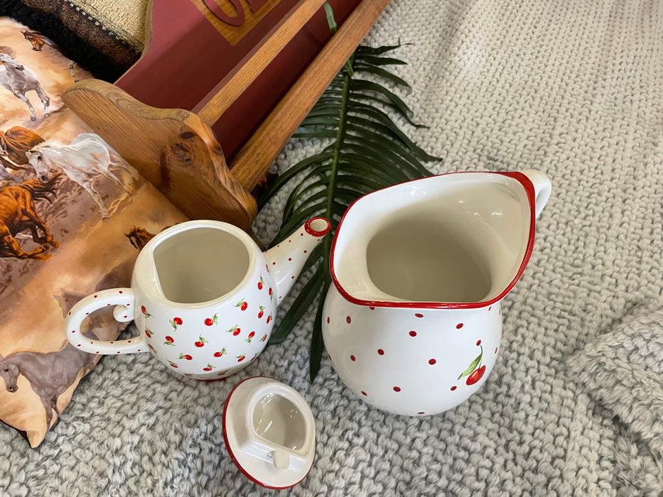 Hallmark ceramic red cherry polka dot pitcher and teapot set 33051