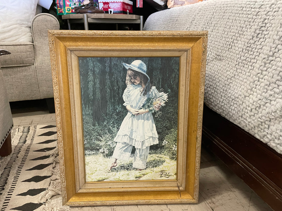 Girl holding flowers framed matted picture 33096