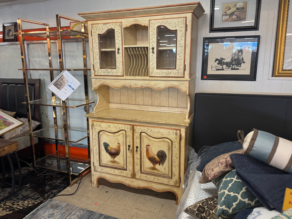 French Provincial farmhouse country 2pc rooster china cabinet hutch 33909