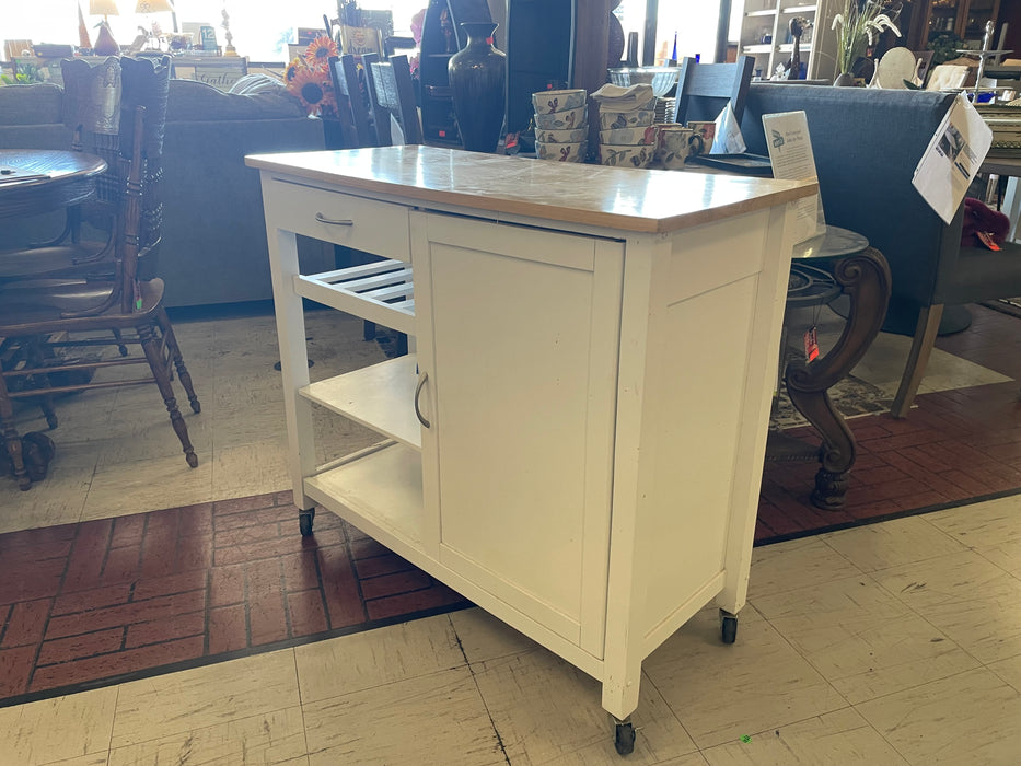 White 3 tier kitchen cart island on casters with 1 drawer and cabinet 33179