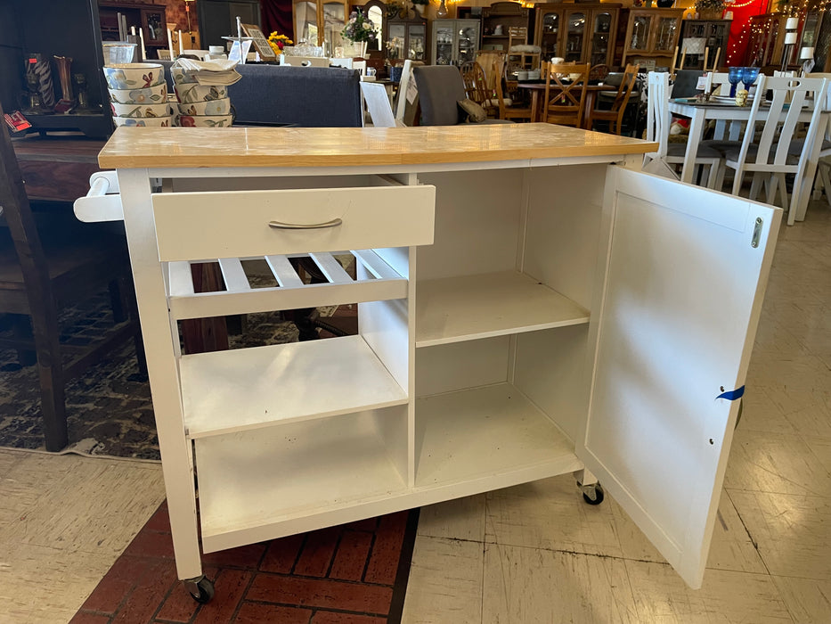 White 3 tier kitchen cart island on casters with 1 drawer and cabinet 33179