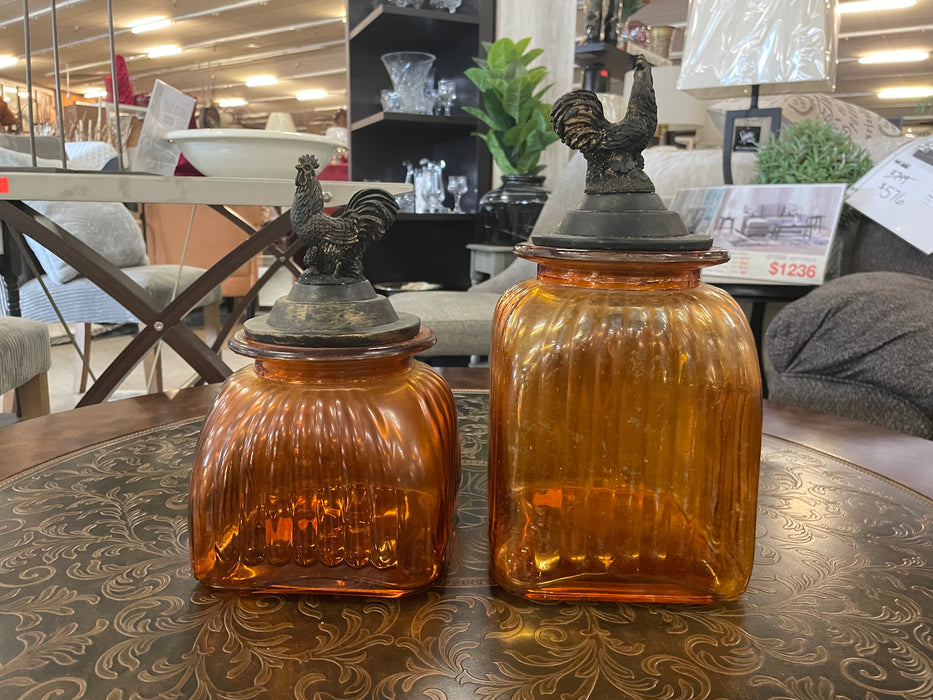 Vintage amber ribbed glass with rooster lid set 31350