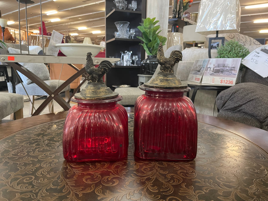 Vintage cranberry red ribbed glass with rooster lid set 31349