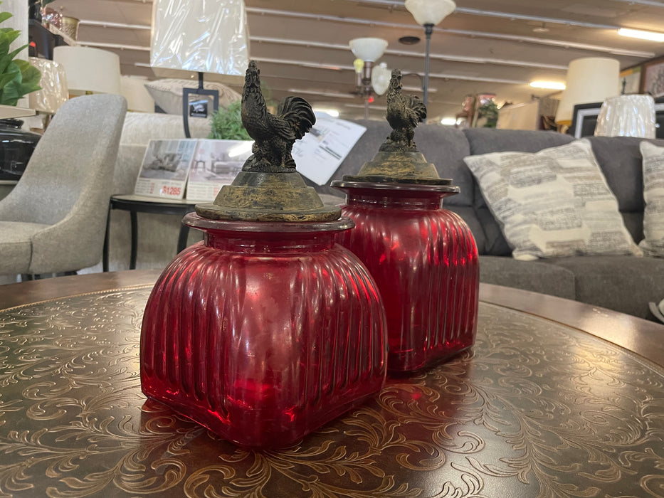 Vintage cranberry red ribbed glass with rooster lid set 31349