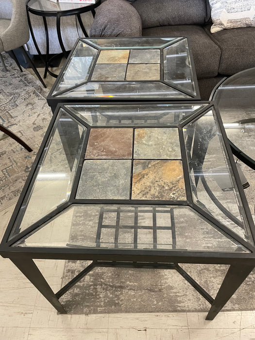 Raymour and Flanigan metal with glass and stone top end tables 31388