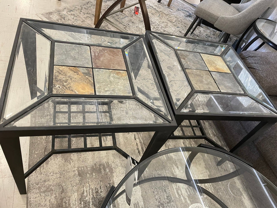 Raymour and Flanigan metal with glass and stone top end tables 31388