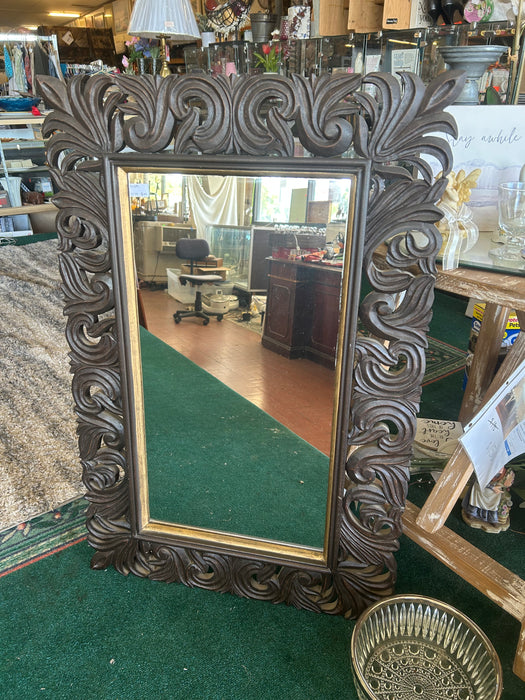 Ornate dark wood wall mirror 34389