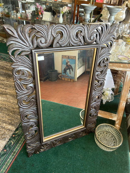 Ornate dark wood wall mirror 34389