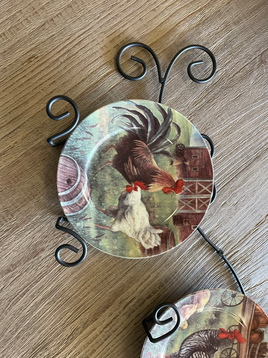 Rooster plates with metal holder wall accent decor 32992