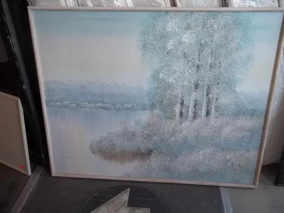 Oil painting by P. Adams, pastel lake trees 9142