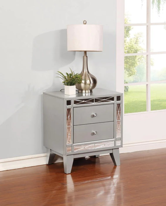 Leighton 2-drawer nightstand in metallic mercury finish NEW SPECIAL ORDER CO-204922-SO