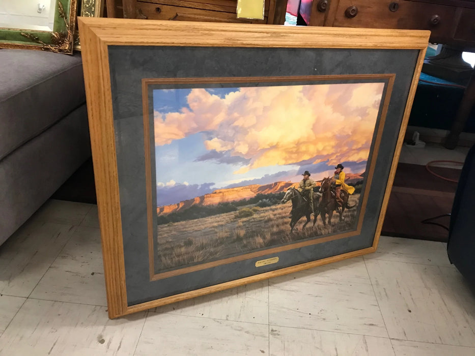 Western cowboys Racing Sundown Tim Cox gold plate matted framed picture 18490