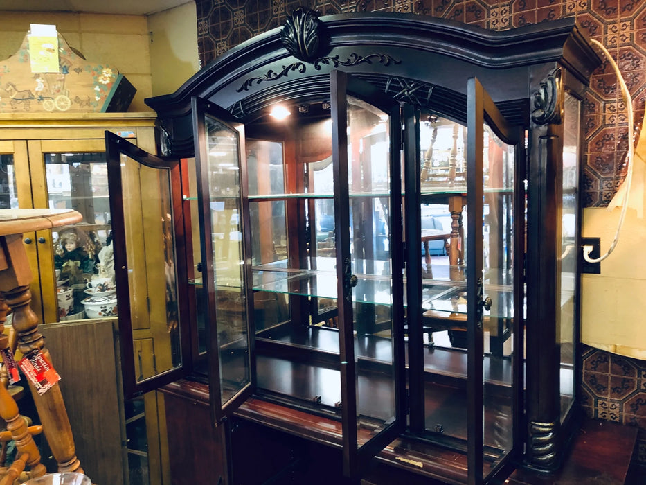China cabinet hutch TOP ONLY dark wood finish glass shelves lighted 18648
