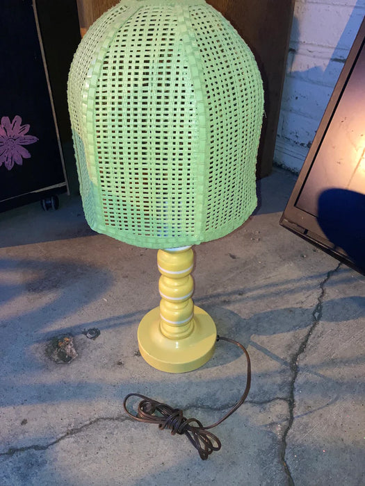 Yellow table lamp with green wicker shade 19790