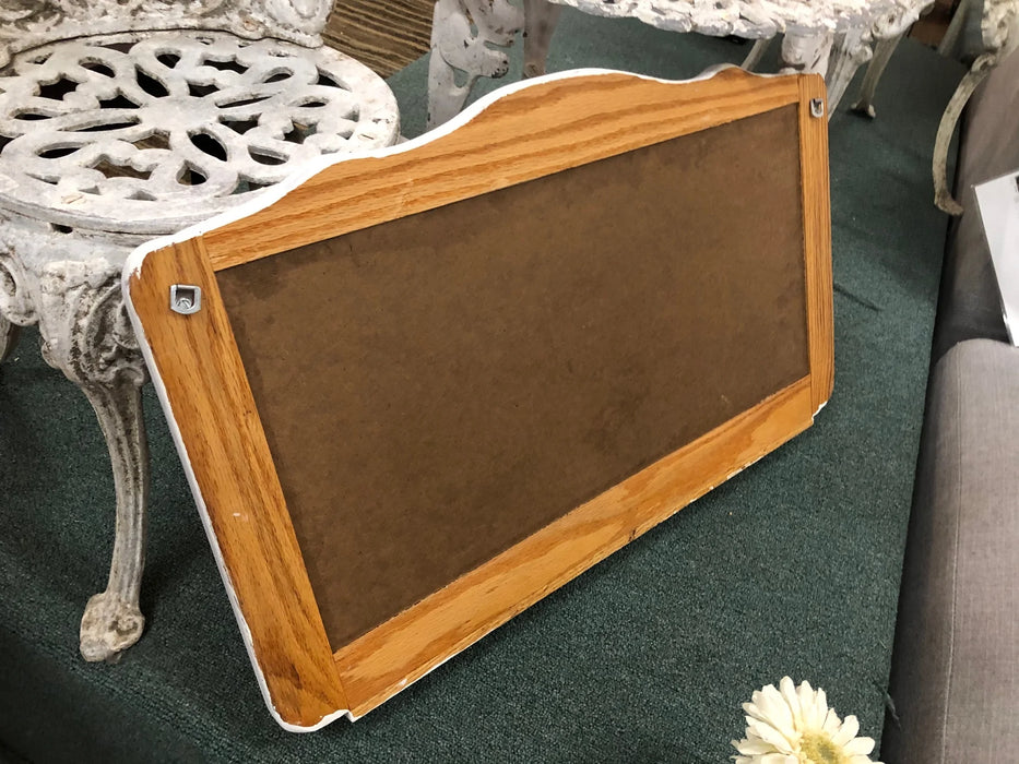 White framed cork bulletin board with small shelf 23165