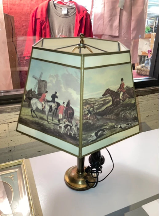 Americal Bell Tehlephone Co. candlestick lamp with horse shade 23212