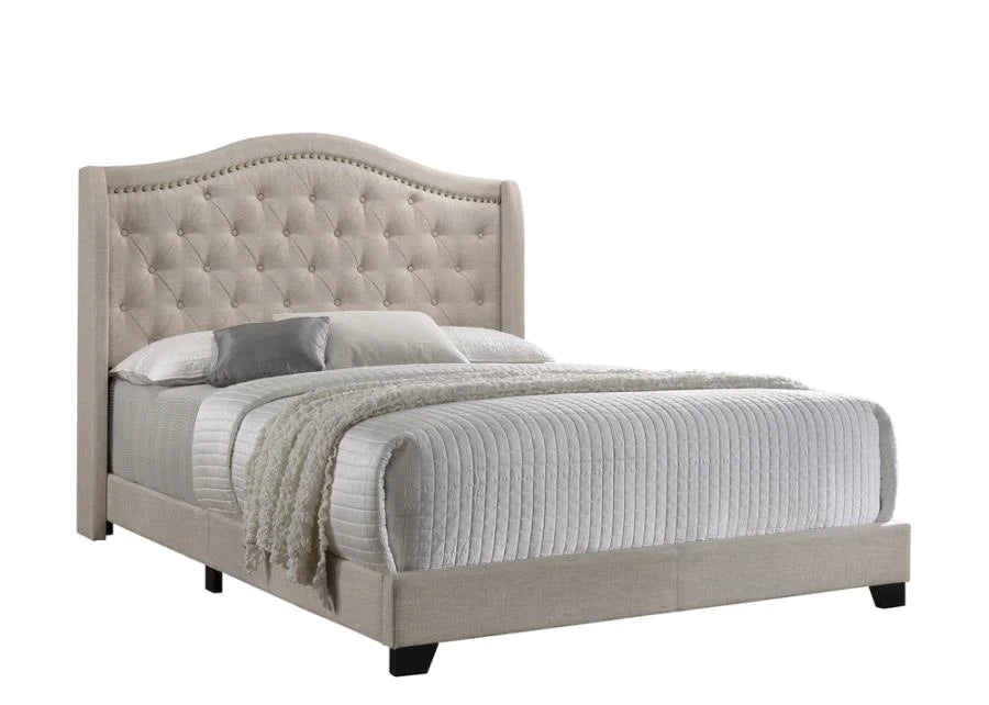 Sonoma upholstered tufted nail studded queen bed beige NEW CO-310073Q