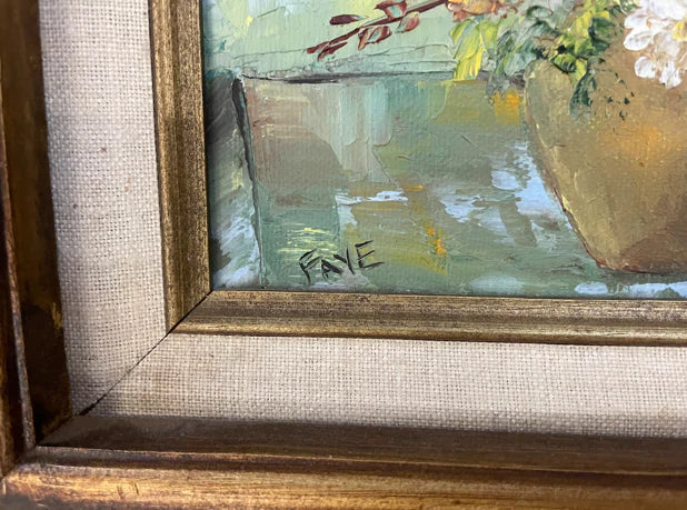 Oil painting bouquet in vase framed matted signed by Faye 25278
