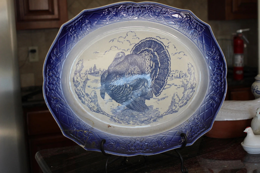 Antique large blue turkey/chicken platter 25323