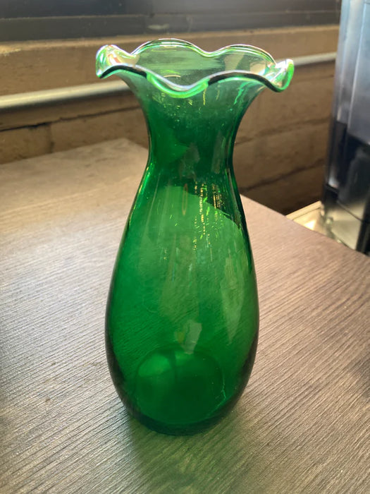 Depression green glass small vase with ribbed top 25392