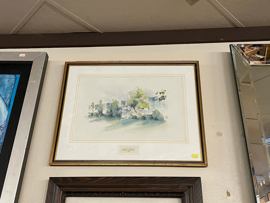 Watercolor painting Qualitron Corporation Danbury Connecticut 1984 building w/trees, matted w/ gold frame 25447