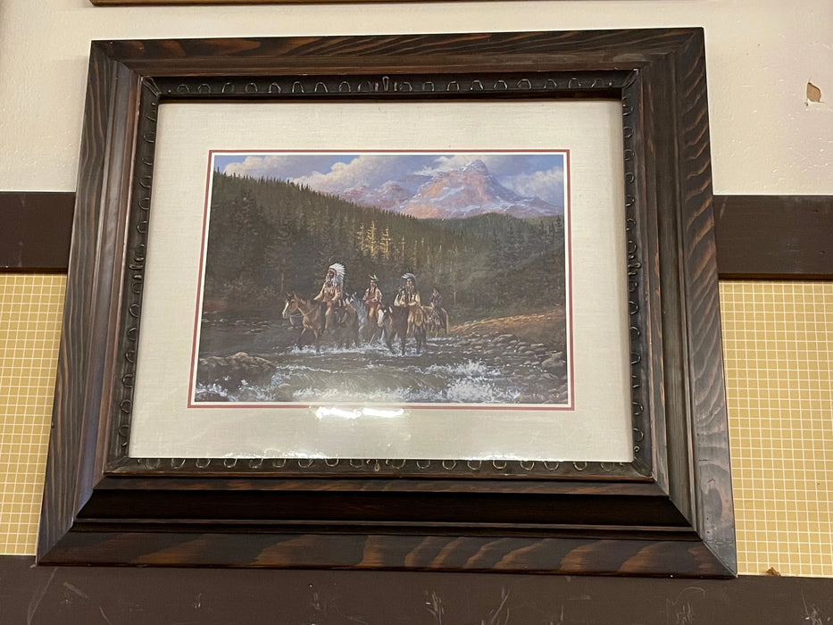 Framed matted print picture Native Americans riding horses in river by mountain 25448