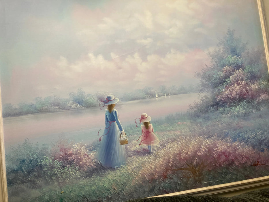 Painted canvas picture of two girls one in blue dress one in pink by river that is colored pink, gold trim 25461