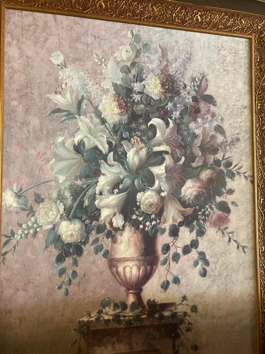 Painted picture of bouquet of flowers in nice vintage vase with gold detailed trim 25462