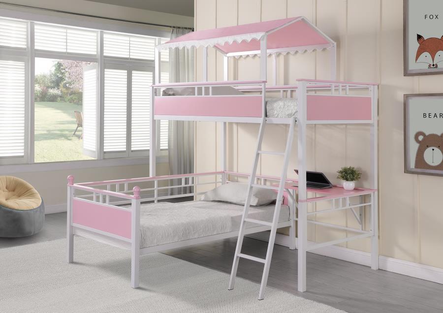 Bunk bed twin/twin with worstation pink/white metal NEW SPECIAL ORDER CO-400119