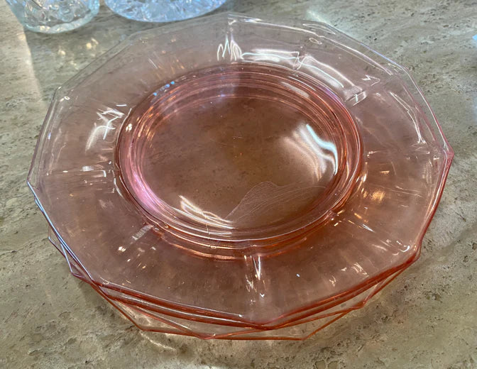 Vintage depression glass decagon shaped light pink glass plates 25654