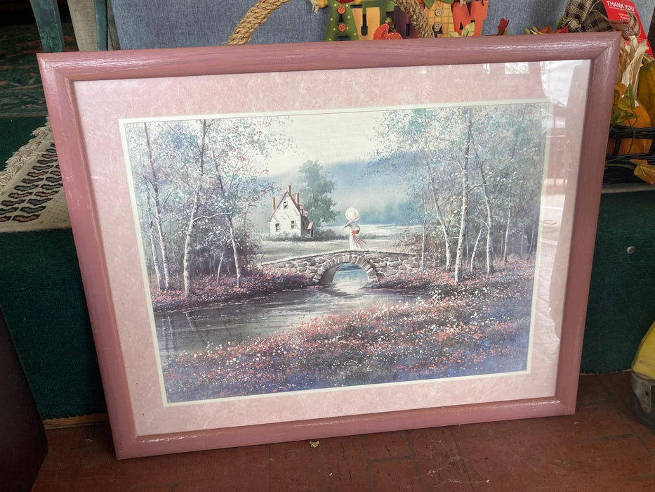 Picture of a house & river framed, matted 26181
