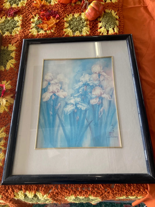 Picture signed by John Chang of white flowers framed, matted 26183