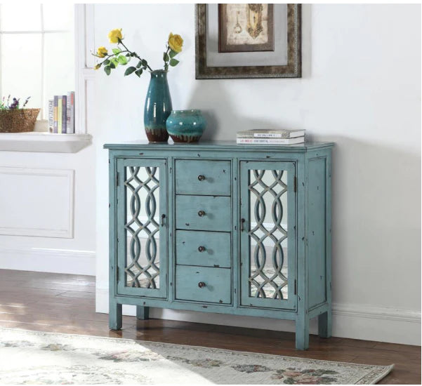 4-drawer mirror panel accent cabinet chest antique blue finish NEW CO-950736