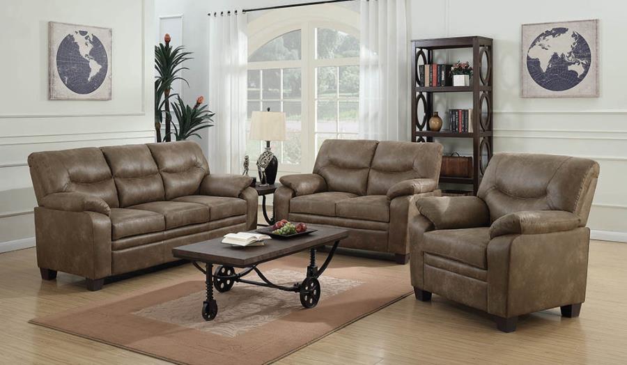 Meagan upholstered loveseat brown with pillow top arms NEW CO-506562