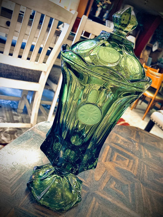 Dept. of Defense etched green glass vase stemmed with lid 26709