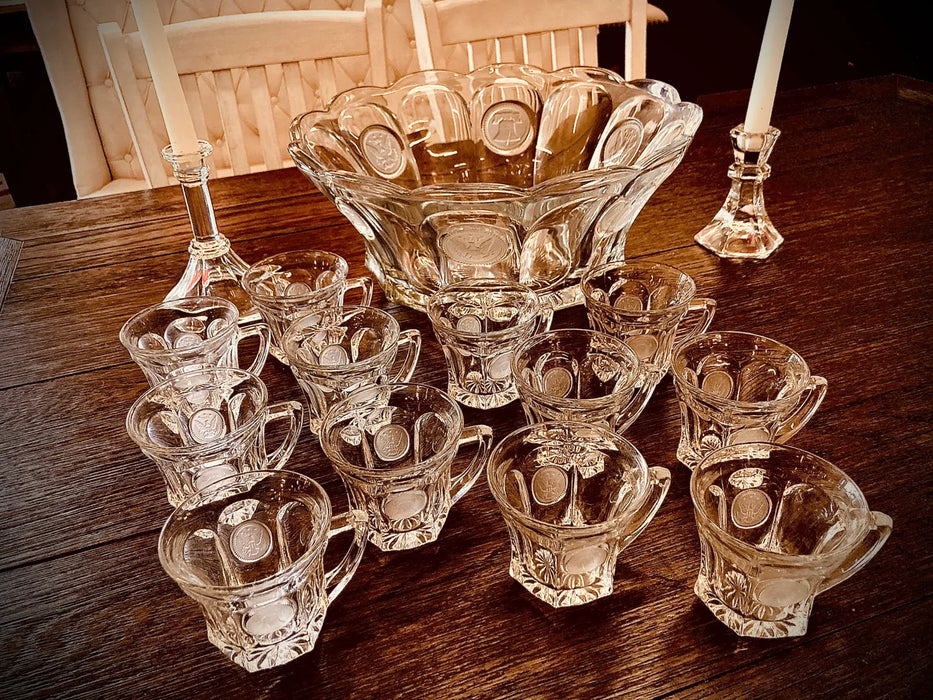 Glass punch bowl, 12 glass cups, 1887 etched 13pc set 26717