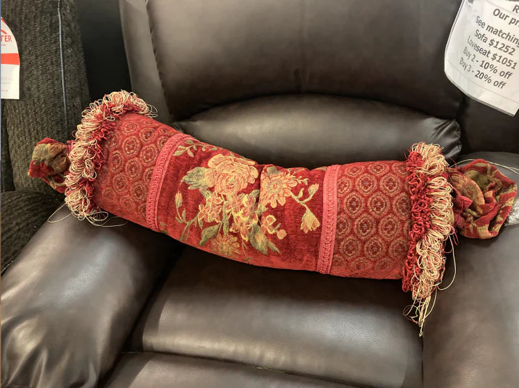 Long round decorative pillow, red and gold with elegant tapestry style 26630