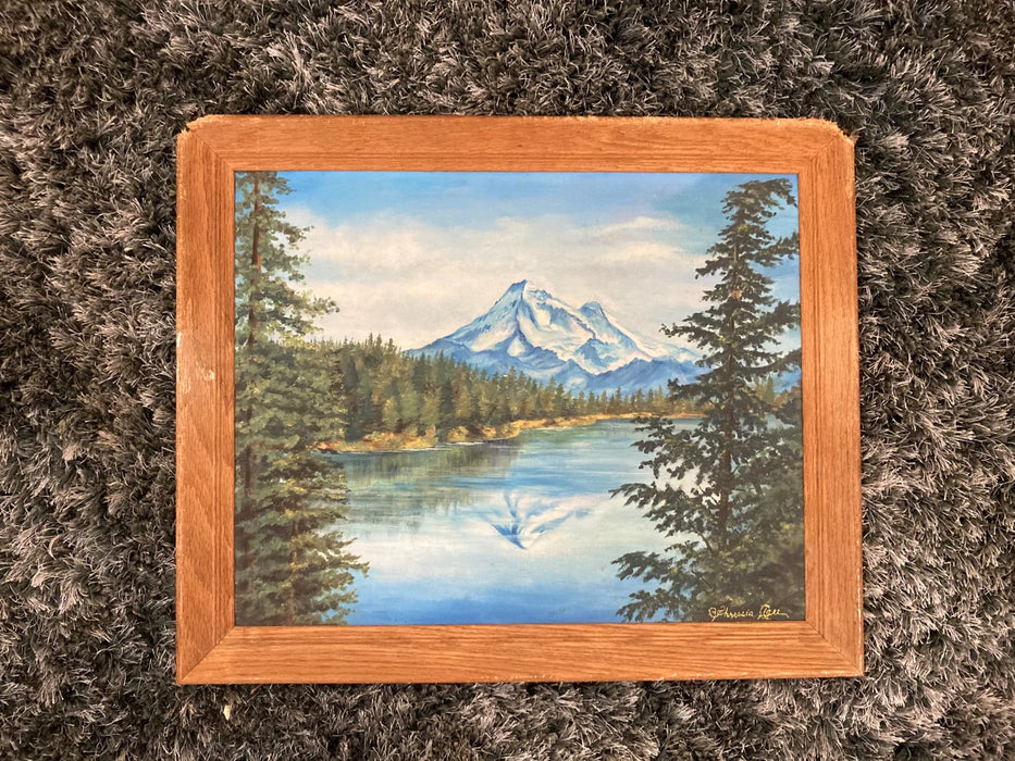 Signed framed mountain and lake picture by Agee 26888
