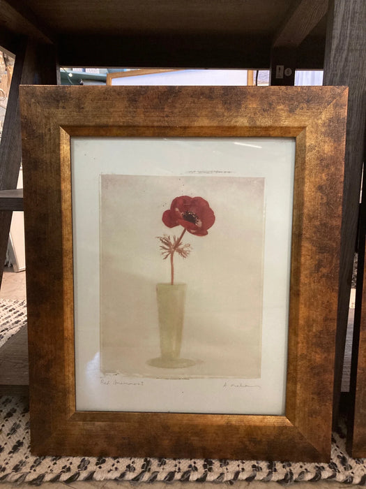 Red Anemones l painting picture by R. Melious framed matted 26868
